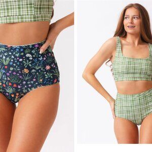 💚 sz XL Lime Ricki Reversible Ultra High-Waist Swim Bottom |  Gingham & Floral